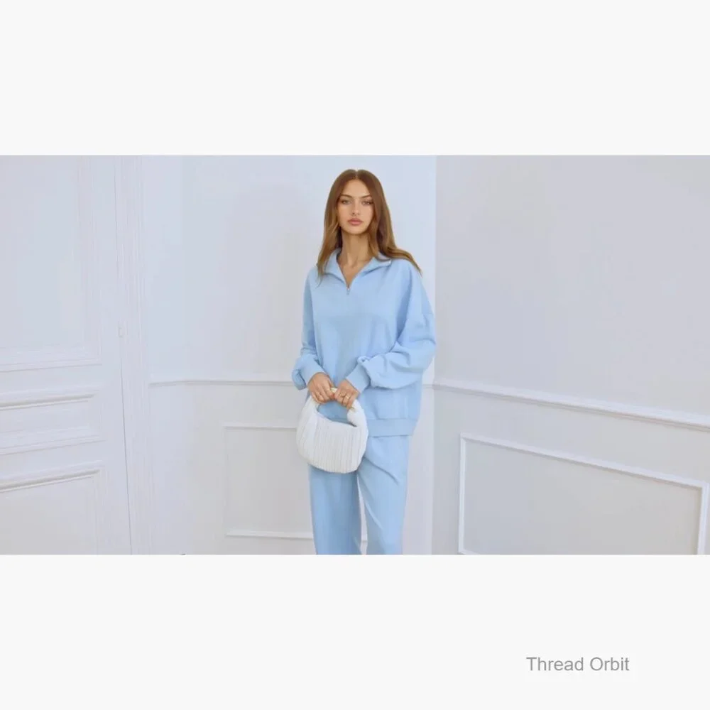 Loose Fit Quarter Zip Sweatshirt and Straight Leg Pants Set - Picture 7 of 7